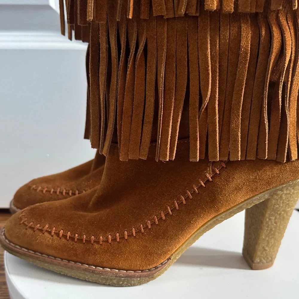 Michael Kors Brown Caramel Tiered Fringe Western Suede Leather Boho Boots Size 7 - Picture 8 of 13